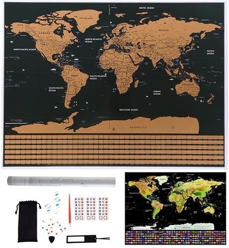 Mapa świata - zdrapka z flagami + akcesoria